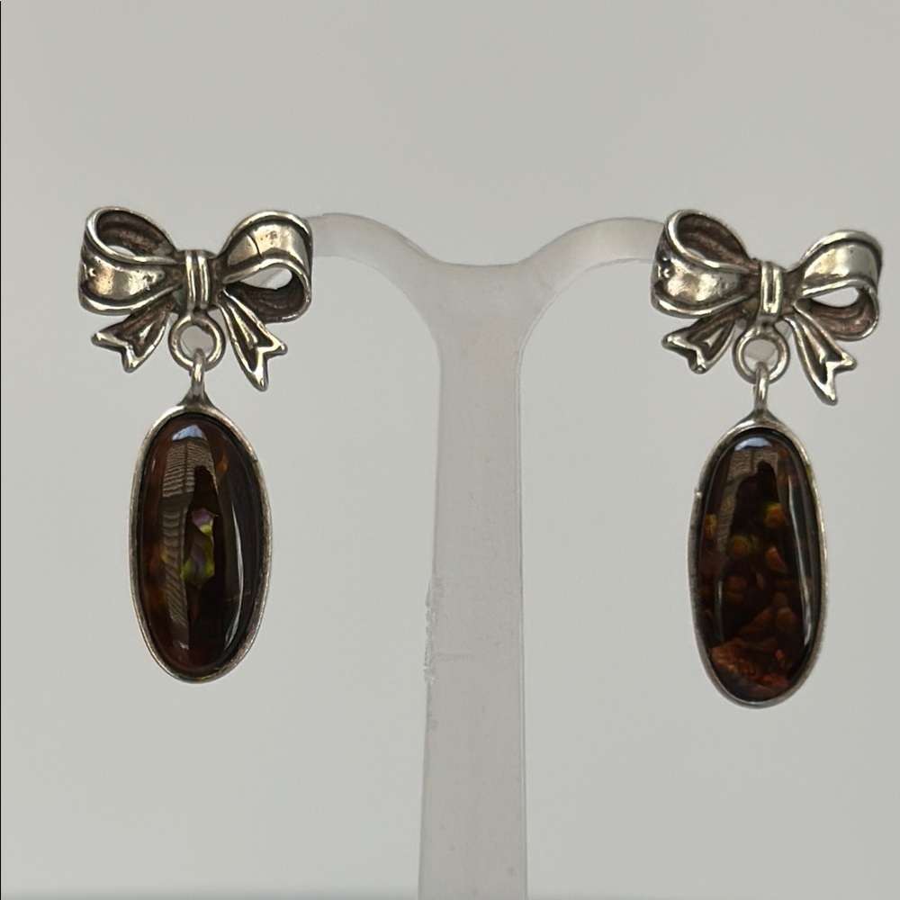 925 Silver and Brown Drop Earrings with Bow Design